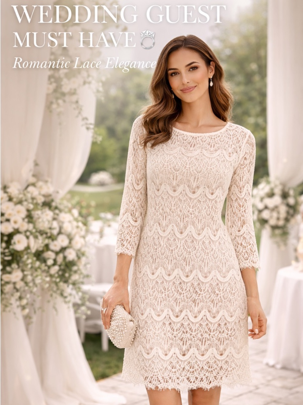 🔥Romantic Lace Wedding Guest Dress 🤍 Ivory Sheath Elegant Occasion Dress